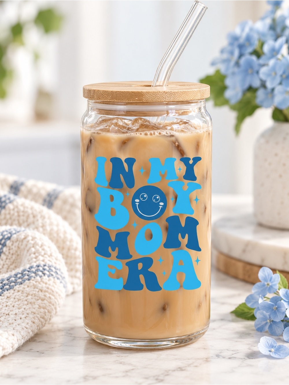 Reusable Drink Jar with Blue 'In My Boy Mom Era' Design 🦋